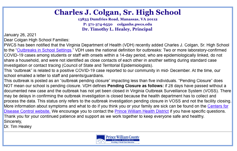 Colgan letter regarding outbreak